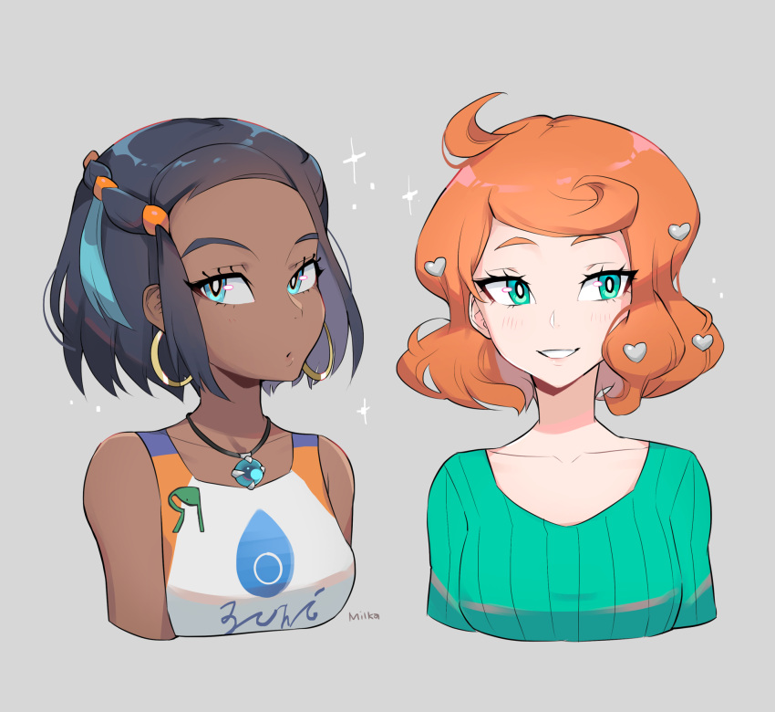 2girls, alternate_hair_length, alternate_hairstyle, aqua_eyes, blue_eyes, cropped_torso, dark-skinned_female, dark_skin