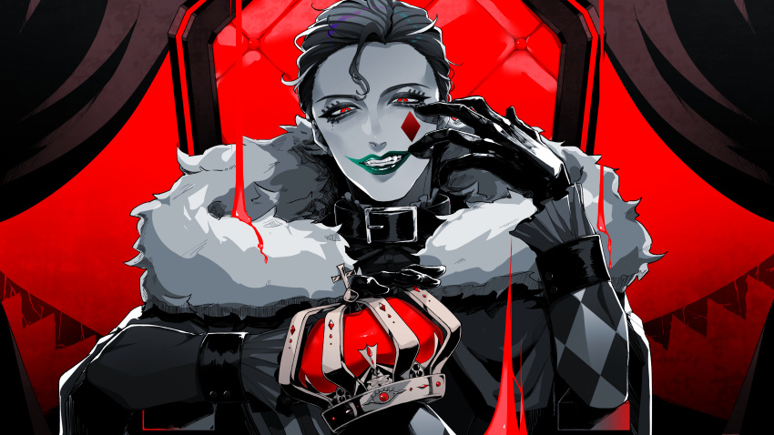 1boy, absurdres, collar, copyright_request, crown, facial_mark, fangs, fur_trim