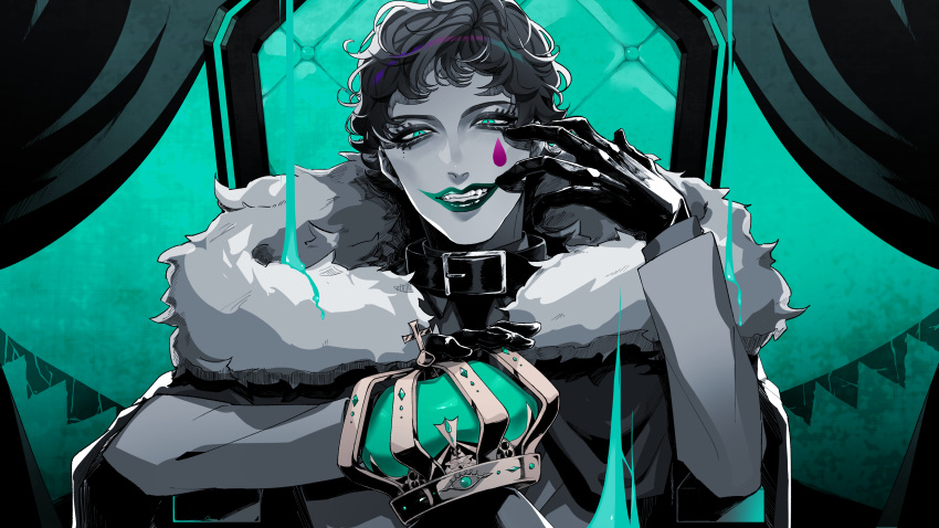 1boy, absurdres, collar, copyright_request, crown, facial_mark, fangs, fur_trim