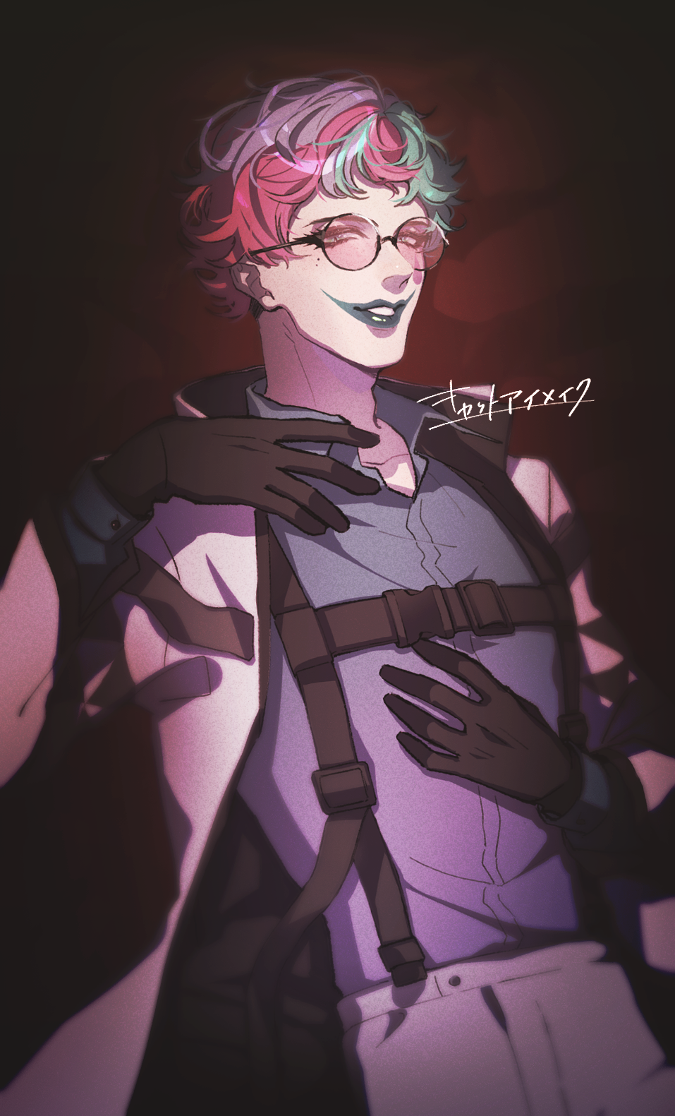 1boy, black_gloves, blue_shirt, buckle, chest_harness, collared_shirt, dress_shirt, facial_mark