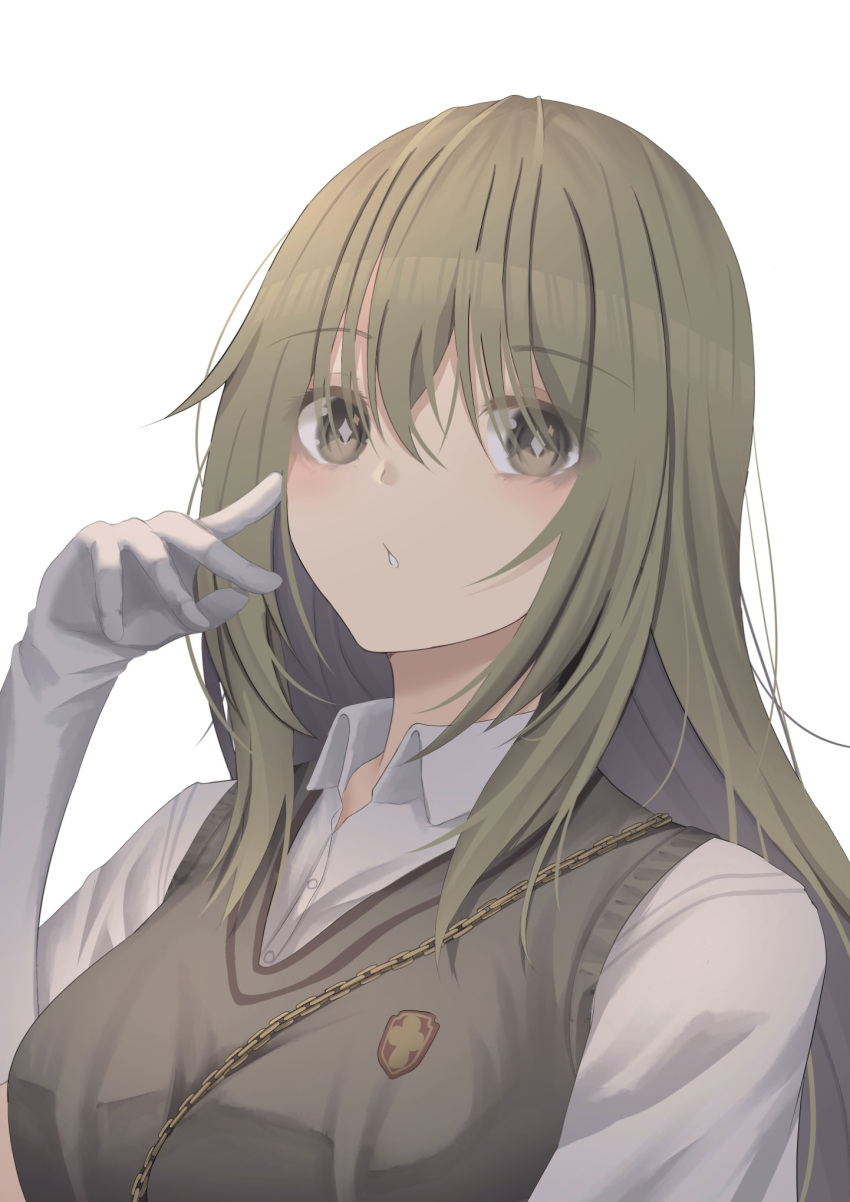 1girl, araishi_maro, blonde_hair, breasts, bright_pupils, brown_eyes, brown_sweater_vest, collared_shirt