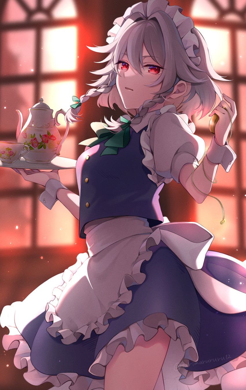 1girl, apron, bangs, blue_skirt, blue_vest, blurry, blurry_background, bow, braid, buttons, collared_shirt, cup, frilled_apron, frilled_skirt, frills, green_bow, grey_hair, hair_between_eyes, hair_bow, highres, holding, izayoi_sakuya, maid, maid_apron, maid_headdress, open_mouth, puffy_short_sleeves, puffy_sleeves, red_eyes, shirt, short_hair, short_sleeves, skirt, solo, torimarururu, touhou, twin_braids, twitter_username, vest, waist_apron, white_apron, white_shirt, wrist_cuffs
