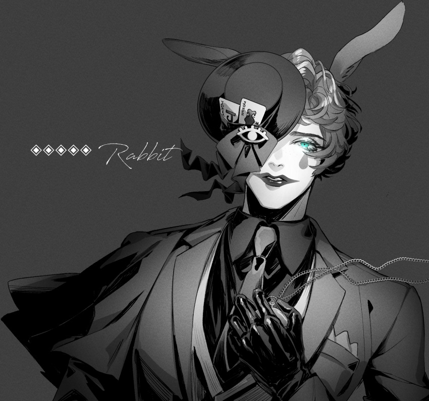 1boy, animal_ears, aqua_eyes, business_suit, collared_shirt, formal, gloves, greyscale