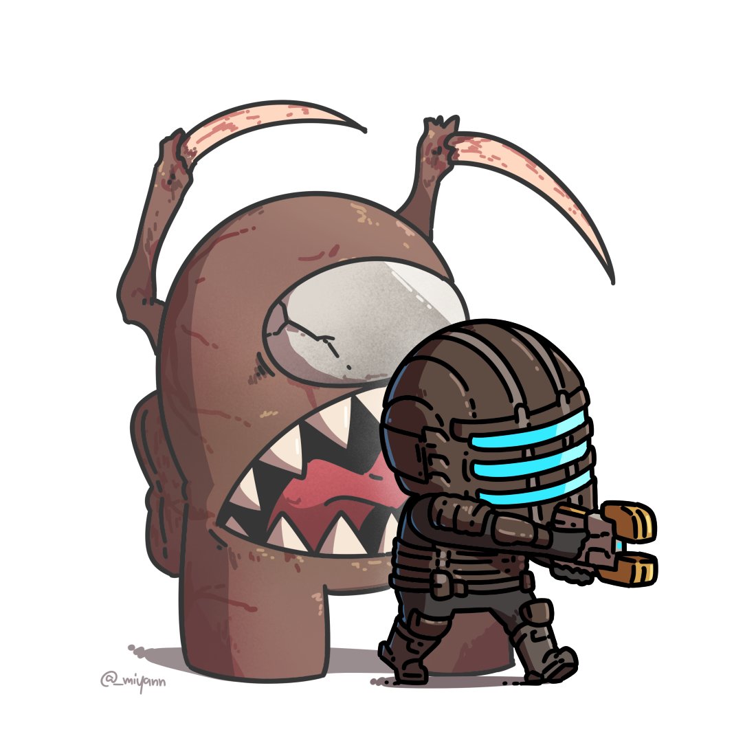 1boy, among_us, brown_(among_us), chibi, crewmate_(among_us), crossover, dead_space, english_commentary