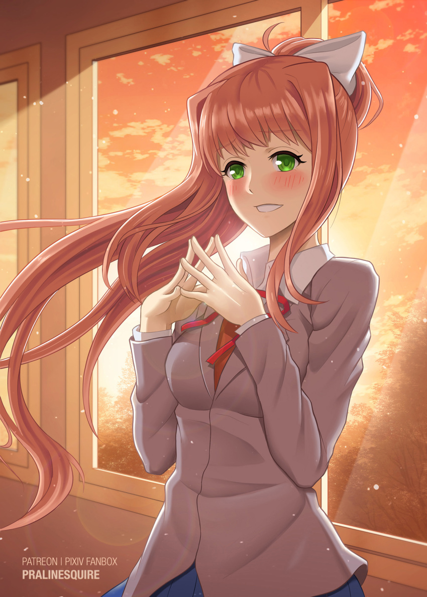 blazer, blush, brown_hair, classroom, doki_doki_literature_club, green_eyes, highres, jacket