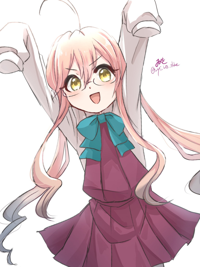 1girl, ahoge, aqua_bow, aqua_bowtie, arms_up, blue-framed_eyewear, bow, bowtie