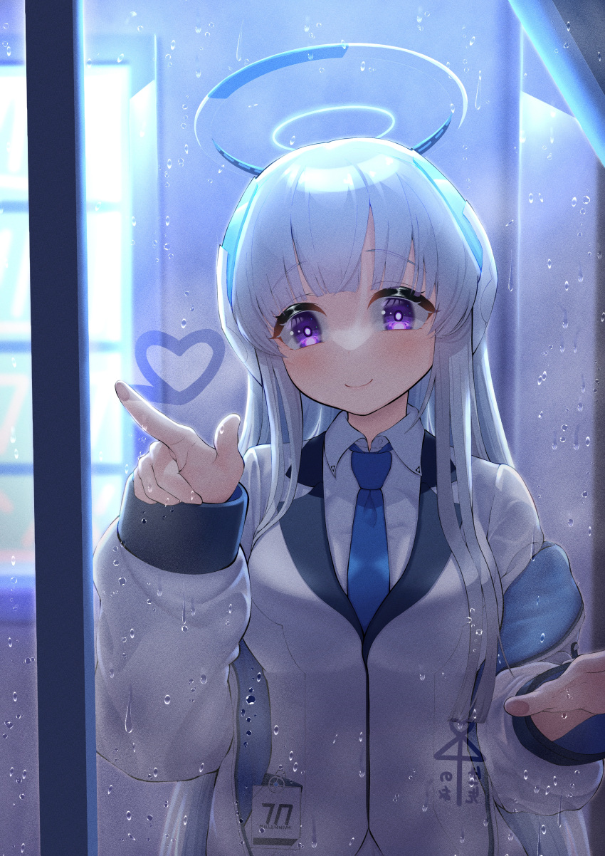 1girl, absurdres, ai_ai_gasa, bangs, blue_archive, blue_necktie, blunt_bangs, closed_mouth, collared_shirt, commentary_request, condensation, drawing, finger_writing, glass_writing, hair_over_shoulder, halo, heart, highres, id_card, indoors, jacket, lapels, long_hair, long_sleeves, looking_at_viewer, looking_outside, mirrored_text, necktie, noa_(blue_archive), notched_lapels, okayusonmu, school_uniform, shirt, skirt, smile, solo, upper_body, violet_eyes, wet, white_hair, white_jacket, white_shirt, white_skirt, window, writing_on_fourth_wall