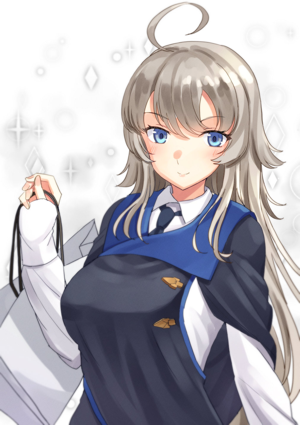 1girl, ahoge, bag, black_necktie, blue_eyes, blush, breasts, closed_mouth