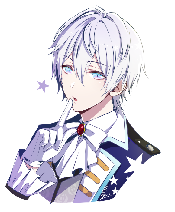 1boy, blue_eyes, bow, finger_to_mouth, gloves, idol_clothes, long_sleeves, looking_at_viewer