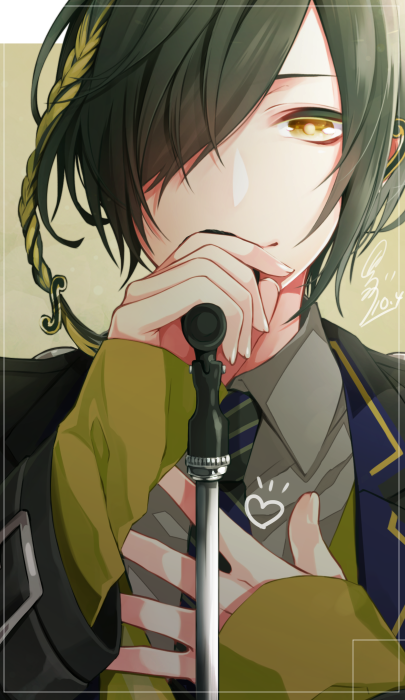 1boy, black_jacket, blazer, blonde_hair, blue_necktie, braid, collared_shirt, green_hair