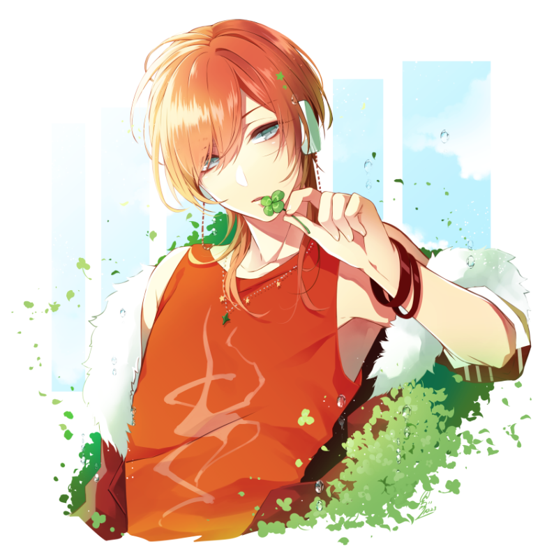 1boy, a_(dear_vocalist), blue_eyes, clover, dear_vocalist, facing_viewer, four-leaf_clover, headphones