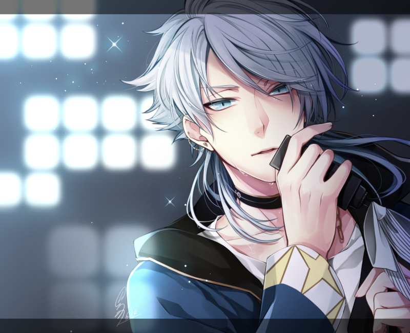 1boy, black_choker, blue_eyes, blue_jacket, choker, ciel_(dear_vocalist), dear_vocalist, idol