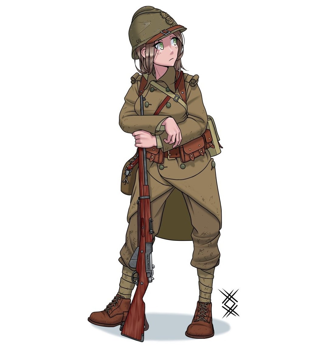 1girl, adrian_helmet, ammunition_pouch, berthier_rifle, brown_coat, coat, france, french_army