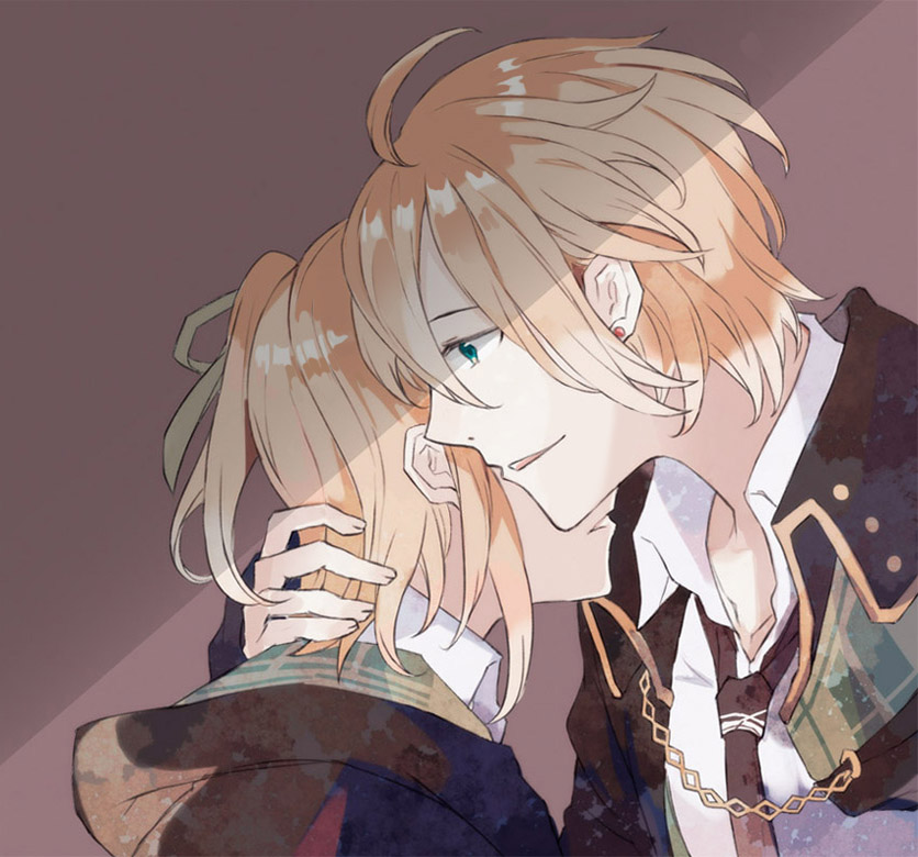 1boy, 1girl, aaron_(corpse_heart), black_cape, black_jacket, black_necktie, blonde_hair, blue_eyes