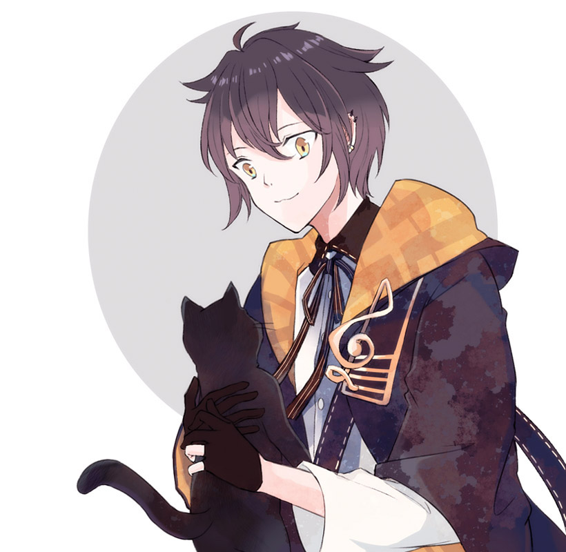 1boy, :3, animal, black_cat, black_hair, brown_eyes, cat, closed_mouth