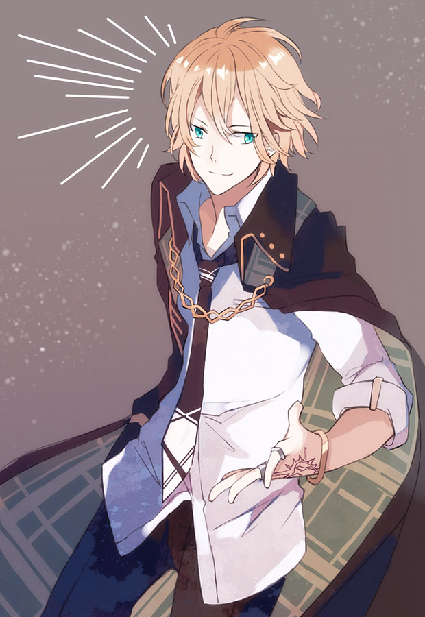 1boy, aaron_(corpse_heart), black_cape, black_pants, blonde_hair, blue_eyes, bracelet, brown_background, cape, closed_mouth, collared_shirt, corpse_heart, facing_viewer, hayuki106, jewelry, looking_to_the_side, male_focus, pants, ring, shirt, short_hair, smile, solo, white_shirt