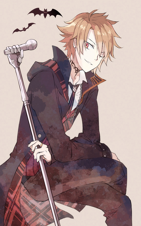 1boy, bat_(animal), black_jacket, black_pants, brown_background, corpse_heart, hayuki106, hood