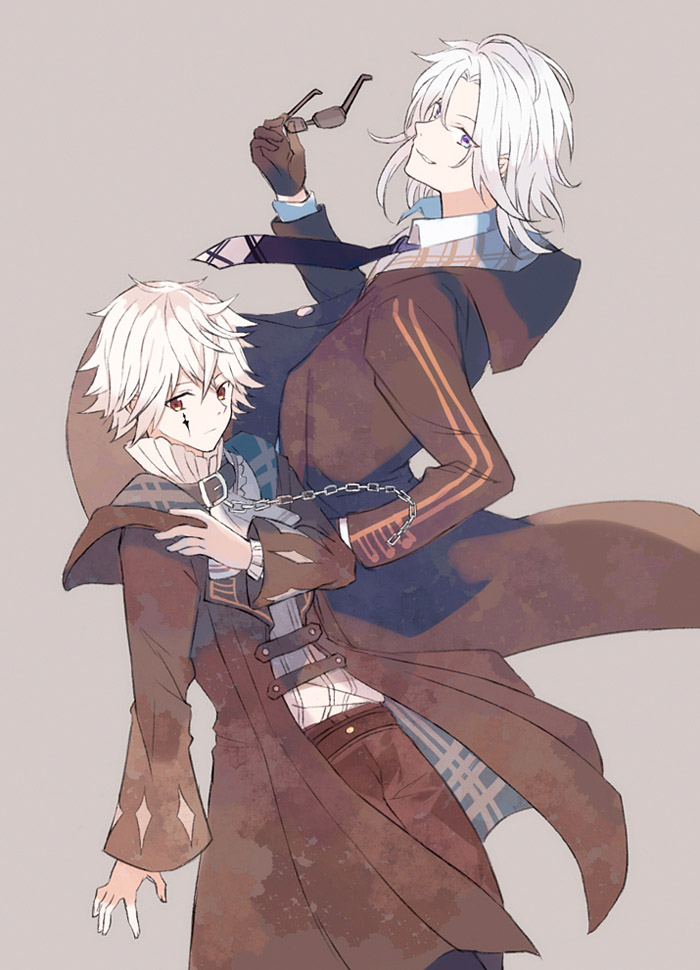 2boys, black_collar, black_jacket, chain, collar, corpse_heart, grey_background, hayuki106