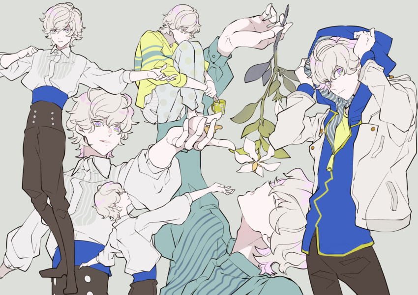 1boy, :|, amakusa_shion, aqua_pupils, aqua_shirt, arm_up, black_footwear, black_pants