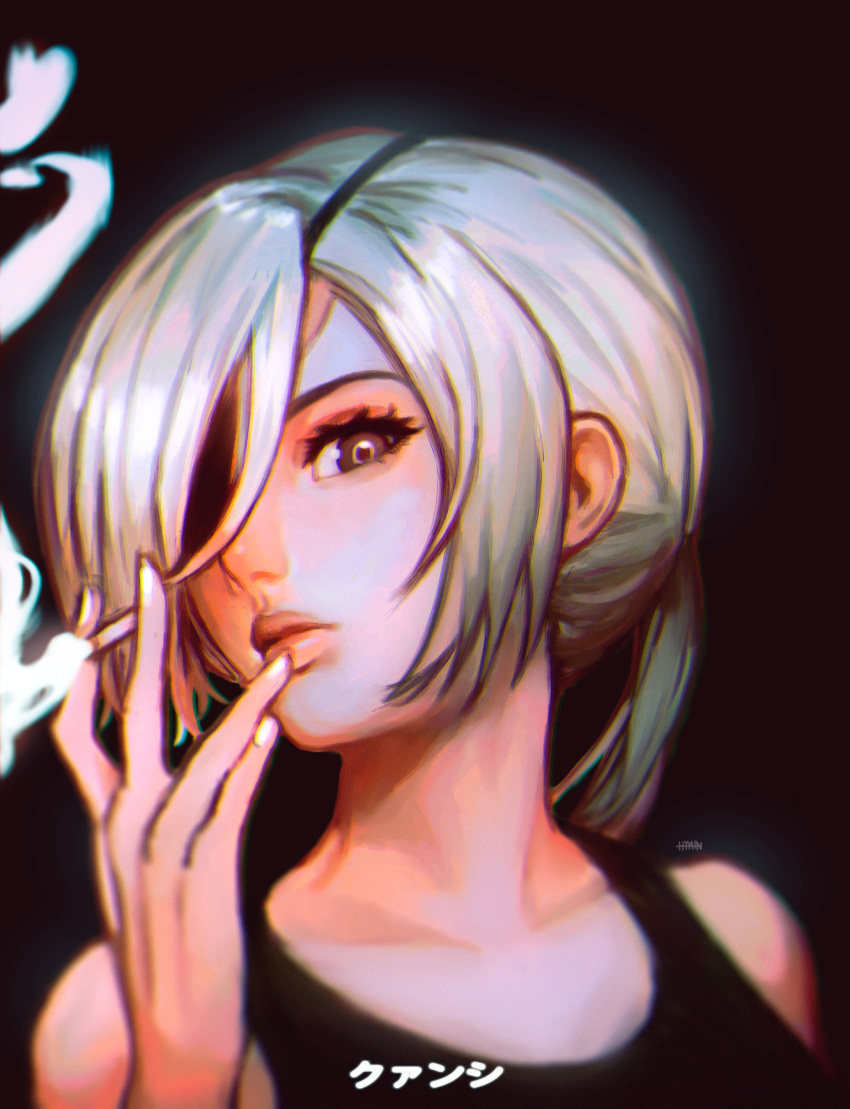 1girl, absurdres, artist_name, black_background, black_tank_top, chainsaw_man, cigarette, eyepatch