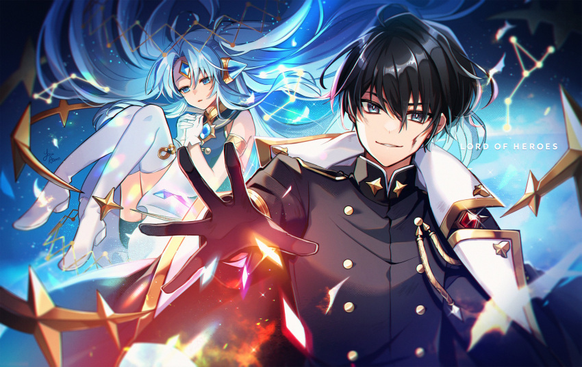 1boy, 1girl, aiguillette, aononchi, armlet, bangs, black_cape, black_eyes, black_gloves, black_hair, black_jacket, blood, blood_on_face, blue_background, blue_bodysuit, blue_eyes, blue_gemstone, blue_hair, bodysuit, boots, buttons, cape, chest_jewel, constellation, cuts, double-breasted, floating, floating_hair, forehead_jewel, full_body, gem, glint, gloves, hair_between_eyes, halo, highres, injury, jacket, long_hair, looking_at_viewer, looking_down, lord_(lord_of_heroes), lord_of_heroes, magic, male_lord_(lord_of_heroes), mechanical_ears, mu_(lord_of_heroes), open_hand, outstretched_arm, own_hands_together, parted_bangs, parted_lips, planetary_ring, red_gemstone, scratches, short_hair, skirt, smile, thigh_boots, two_side_up, upper_body, white_footwear, white_gloves, white_skirt