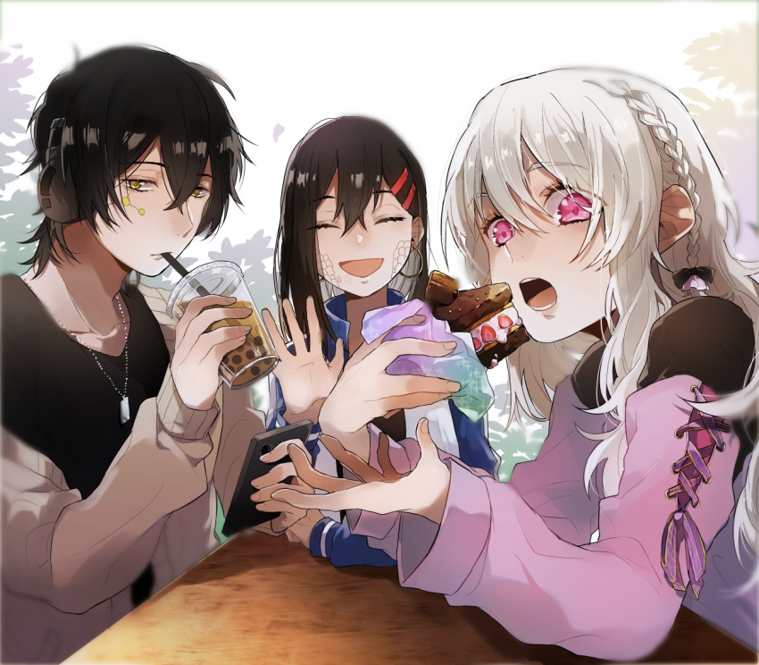 1boy, 2girls, alternate_costume, alternate_hairstyle, bangs, black_bow, black_hair, black_shirt
