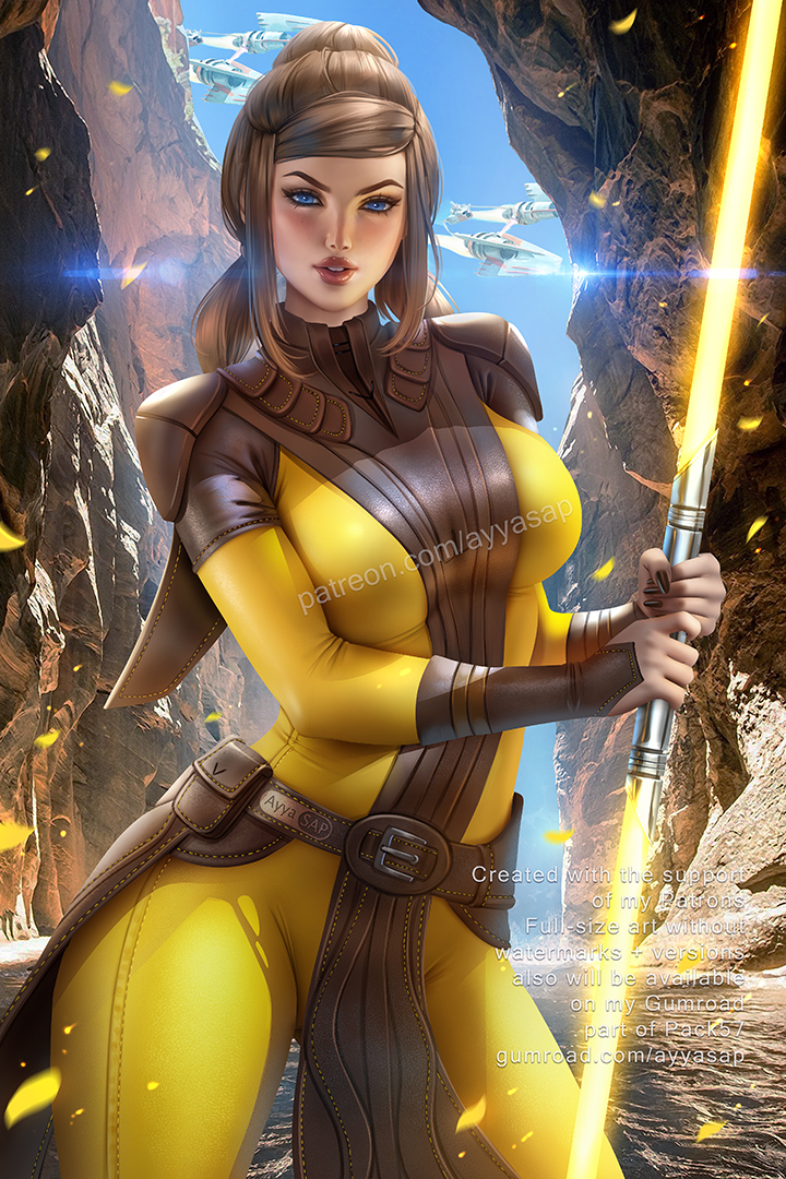 1girl, ayya_sap, bastila_shan, blue_eyes, bodysuit, brown_hair, double_bladed_lightsaber, energy_sword