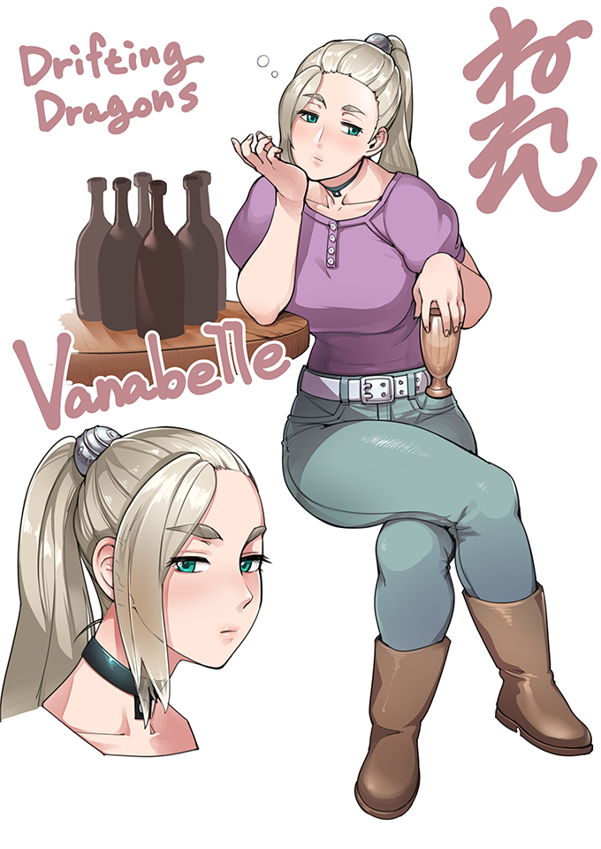 1girl, beer_bottle, black_choker, blonde_hair, breasts, character_name, choker, collarbone