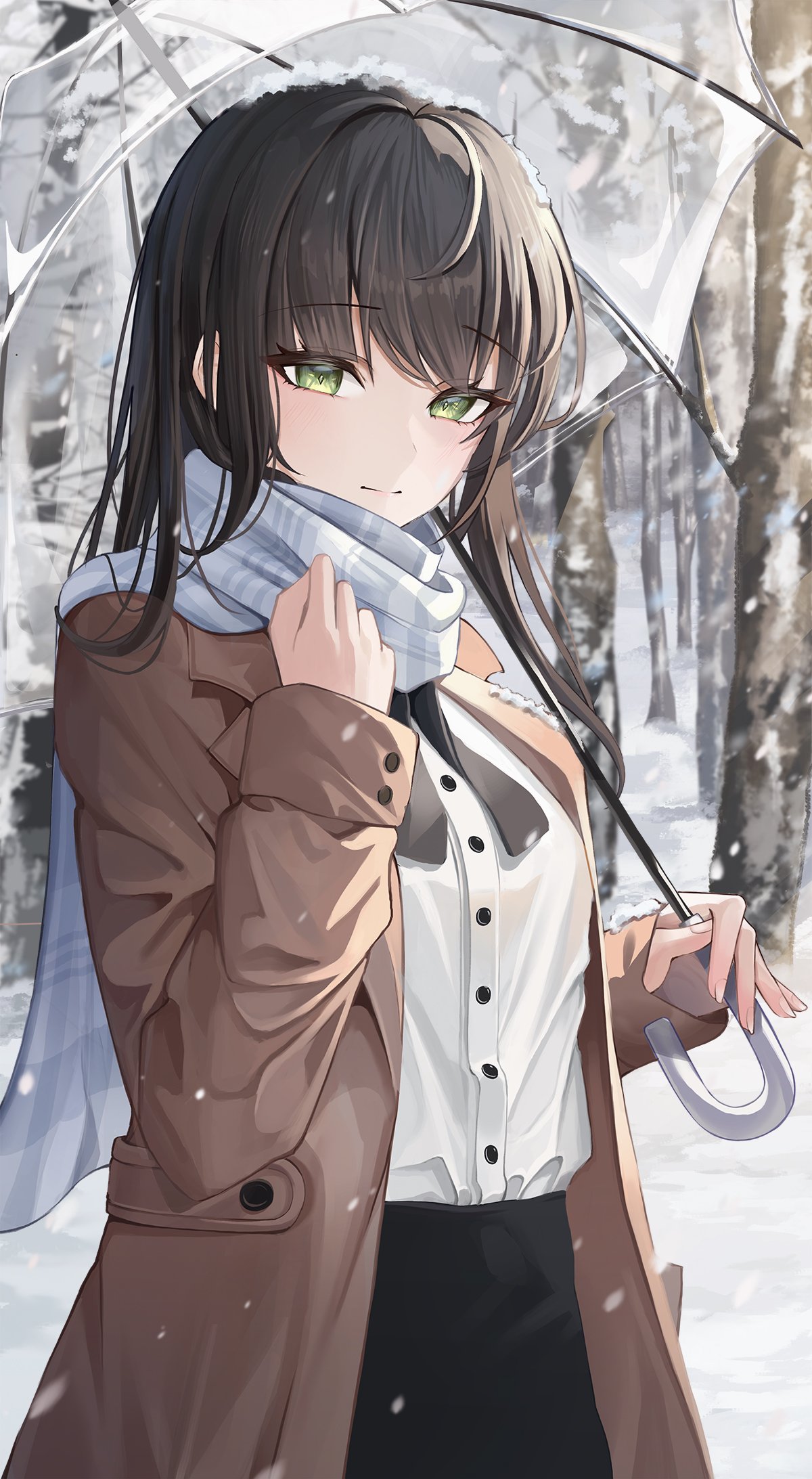 1girl, bangs, bare_tree, blanc_(blanc97), blush, bow, bowtie, coat