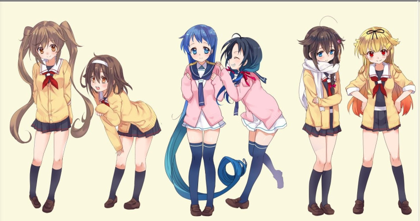 6+girls, ahoge, black_hair, black_neckerchief, black_ribbon, black_sailor_collar, black_skirt, black_socks
