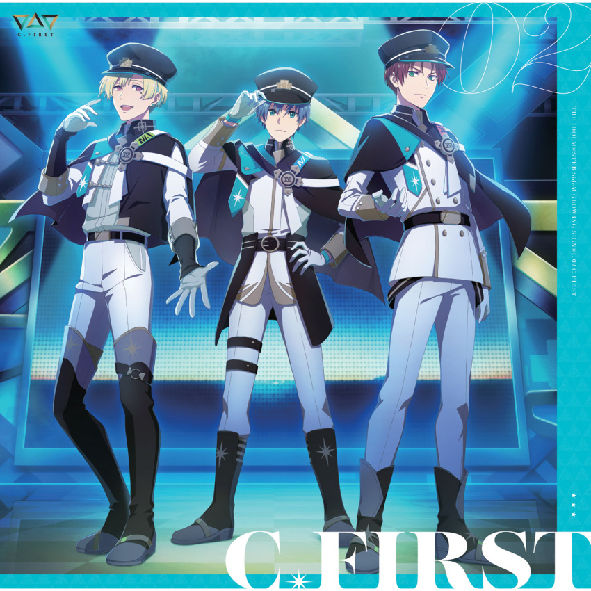 3boys, amamine_shuu, black_footwear, black_headwear, blonde_hair, blue_eyes, blue_hair, boots