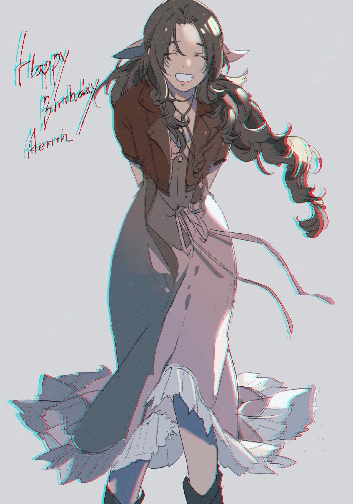 1girl, aerith_gainsborough, arms_behind_back, bangs, bombyxmori_ckr, boots, braid, braided_ponytail