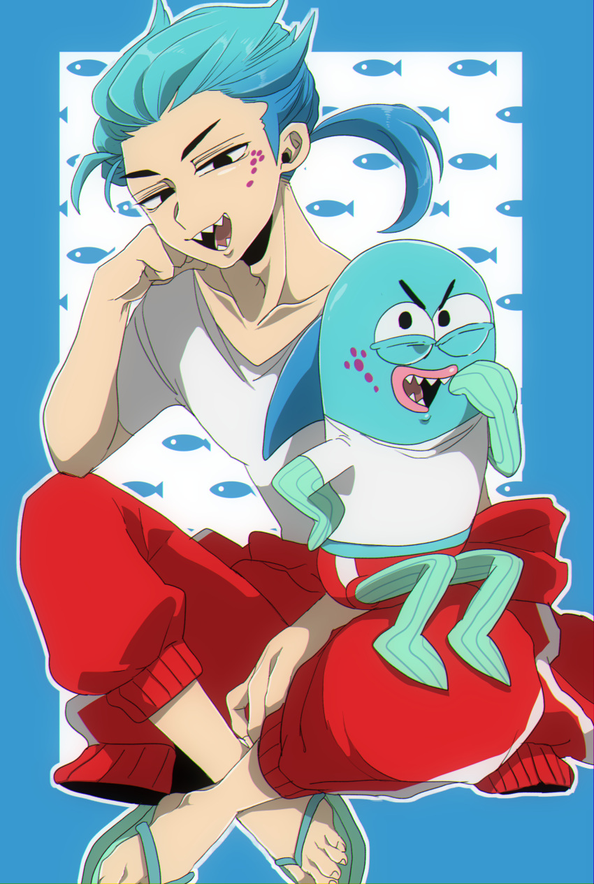 1boy, absurdres, blue_border, blue_hair, border, clenched_hand, collarbone, creature_and_personification