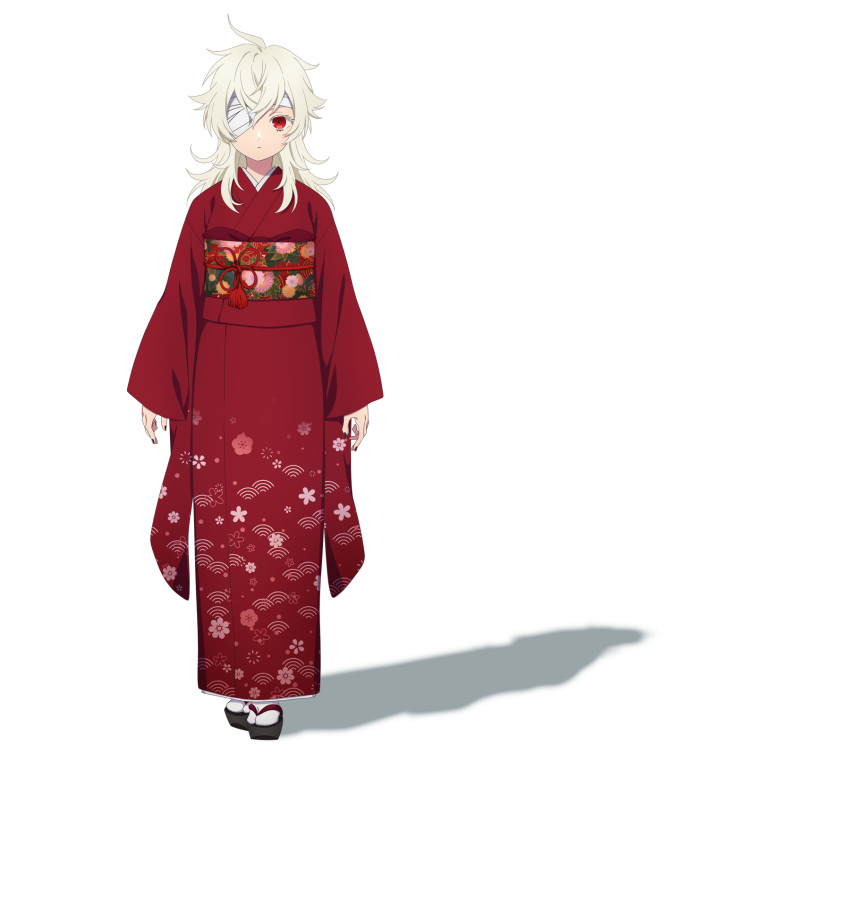 1girl, bandage_over_one_eye, geta, haine_(summertime_render), highres, japanese_clothes, kimono, long_hair, official_art, red_eyes, red_kimono, solo, summertime_render, transparent_background, white_hair