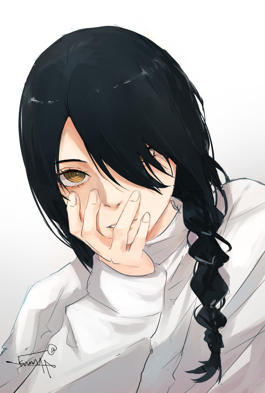 1girl, absurdres, bangs, black_hair, braid, braided_ponytail, chainsaw_man, expressionless