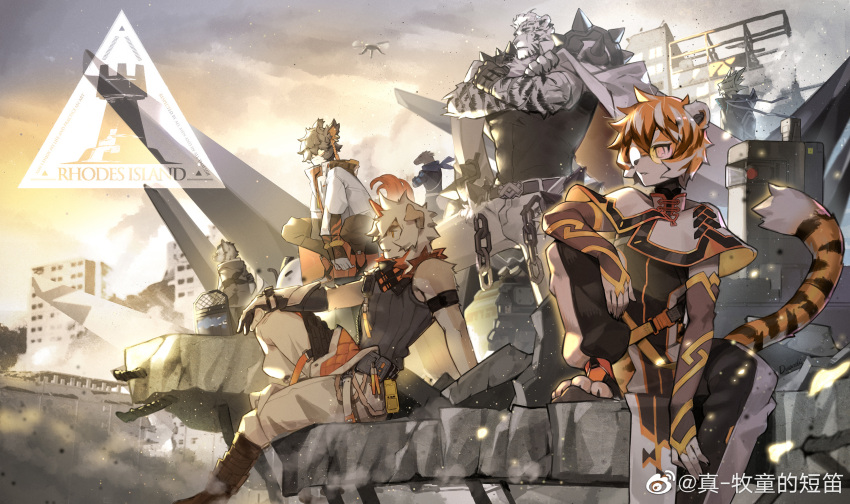 12f_(arknights), 2girls, 6+boys, aak_(arknights), animal_ears, arknights, bangs, bare_shoulders, black_tank_top, castle-3_(arknights), cat_boy, cat_ears, chain, dog_boy, dog_ears, furry, furry_female, furry_male, group_picture, highres, horns, hung_(arknights), hyena_boy, hyena_ears, lancet-2_(arknights), male_focus, medium_hair, mountain_(arknights), multicolored_hair, multiple_boys, multiple_girls, orange_eyes, pants, rangers_(arknights), robot, scar, scar_across_eye, scar_on_face, short_hair, single_horn, sitting, spot_(arknights), streaked_hair, striped_fur, tail, tank_top, tiger_boy, tiger_ears, two-tone_fur, waai_fu_(arknights), white_fur, white_hair, white_pants, yukiusagi1983