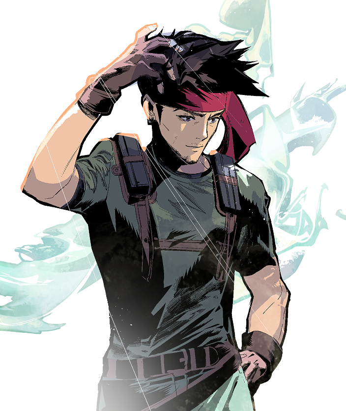 1boy, biggs_(ff7), black_hair, brown_gloves, cofffee, cowboy_shot, facial_hair, final_fantasy