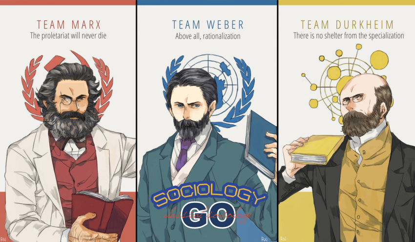 3boys, bald, beard, black_hair, blue_eyes, blue_shirt, book, brown_hair