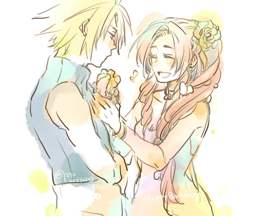 1boy, 1girl, aerith_gainsborough, bangs, blonde_hair, blue_shirt, breasts, brown_hair