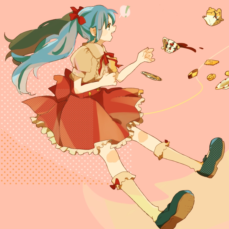!, 1girl, blue_eyes, blue_hair, bow, commentary, cookie, cracker, cup, food, frilled_skirt, frills, hatsune_miku, kneehighs, mary_janes, open_mouth, pink_background, plate, puffy_sleeves, red_bow, red_skirt, ryu04869, shoes, short_sleeves, skirt, sock_bow, socks, solo, spilling, spoken_exclamation_mark, symbol-only_commentary, tea, teacup, teapot, teeth, twintails, upper_teeth_only, vocaloid