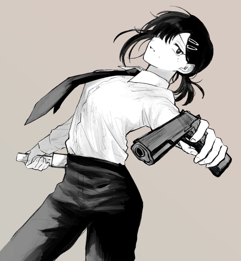 1girl, chainsaw_man, gangsta_hold, gun, hair_ornament, hair_over_one_eye, hairclip, handgun
