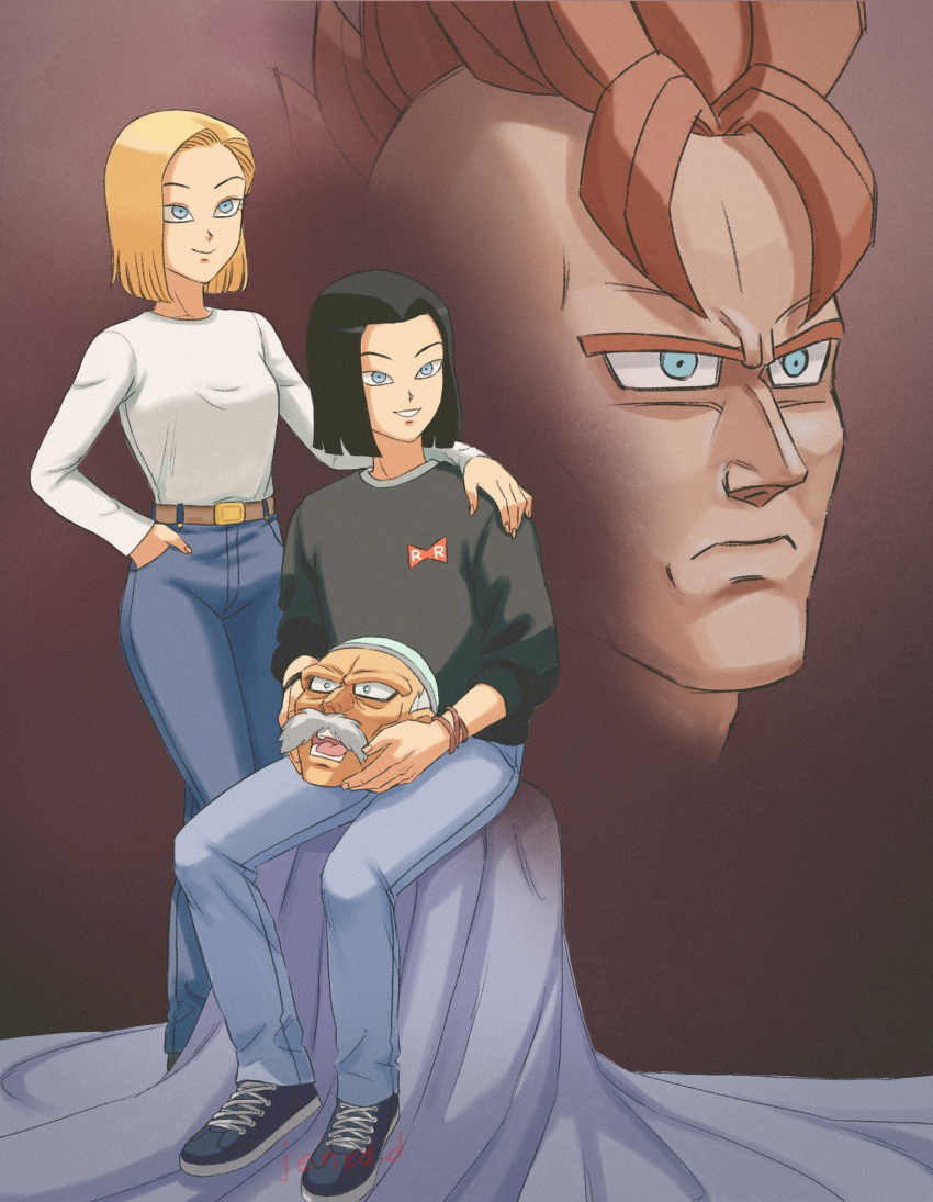 1girl, 3boys, android_16, android_17, android_18, black_hair, blonde_hair, blue_eyes