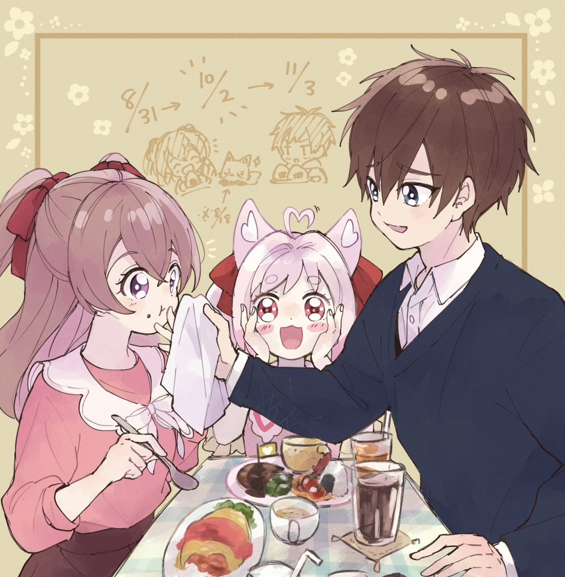 1boy, 2girls, :3, :d, :t, ahoge, animal_ears, bangs