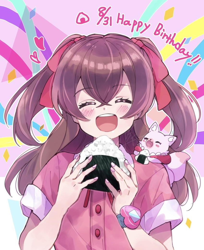 1girl, :d, animal_on_shoulder, bangs, birthday, brown_hair, closed_eyes, collared_dress, commentary, confetti, dated, delicious_party_precure, dress, eating, english_text, facing_viewer, food, fox, hair_ribbon, happy_birthday, heart, highres, holding, holding_food, kome-kome_(precure), long_hair, nagomi_yui, onigiri, open_mouth, pink_dress, precure, red_ribbon, ribbon, short_sleeves, smile, solo, sorashinakei_k, streamers, two_side_up, upper_body, watch, watch