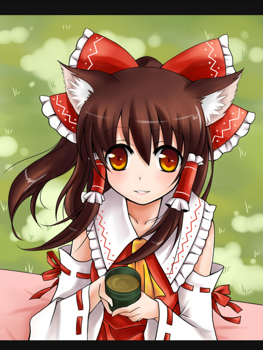 animal_ears, bow, brown_hair, cat_ears, cup, detached_sleeves, hair_bow, hakurei_reimu, highres, kemonomimi_mode, misa, misa_(little_yoko), ribbon, smile, solo, tea, teacup, touhou