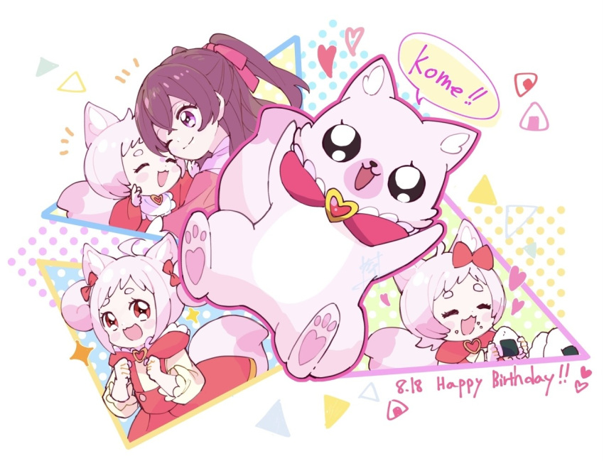 2girls, :d, animal_ears, baby, bangs, birthday, bow, brown_hair