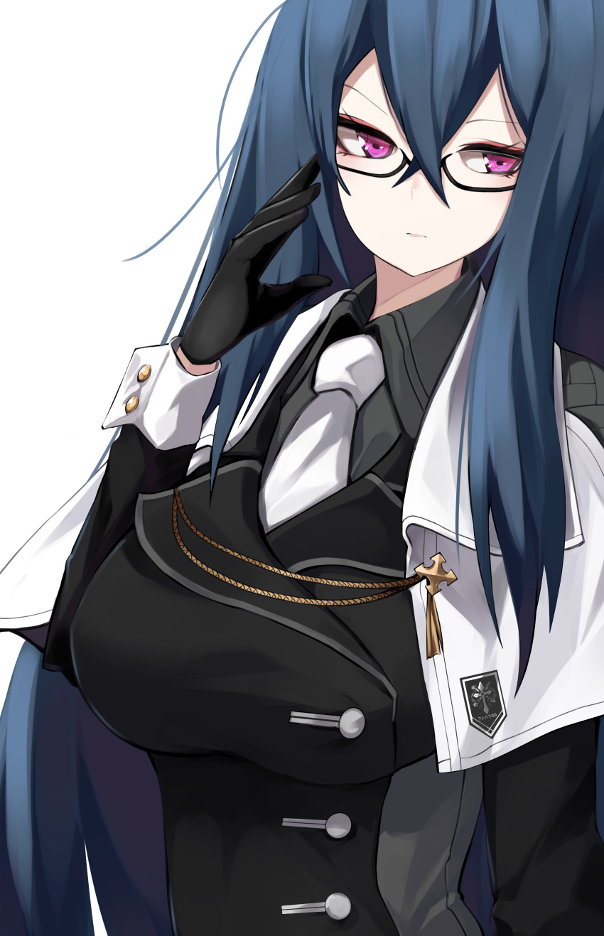 1girl, absurdres, adjusting_eyewear, aiguillette, bangs, biblide_(counter:side), black_gloves, black_jacket