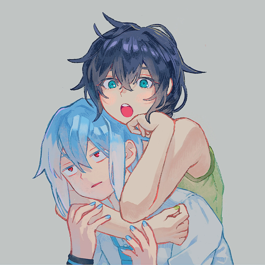 2boys, :o, aqua_eyes, arm_around_neck, blue_hair, blue_nails, blue_necktie, green_nails