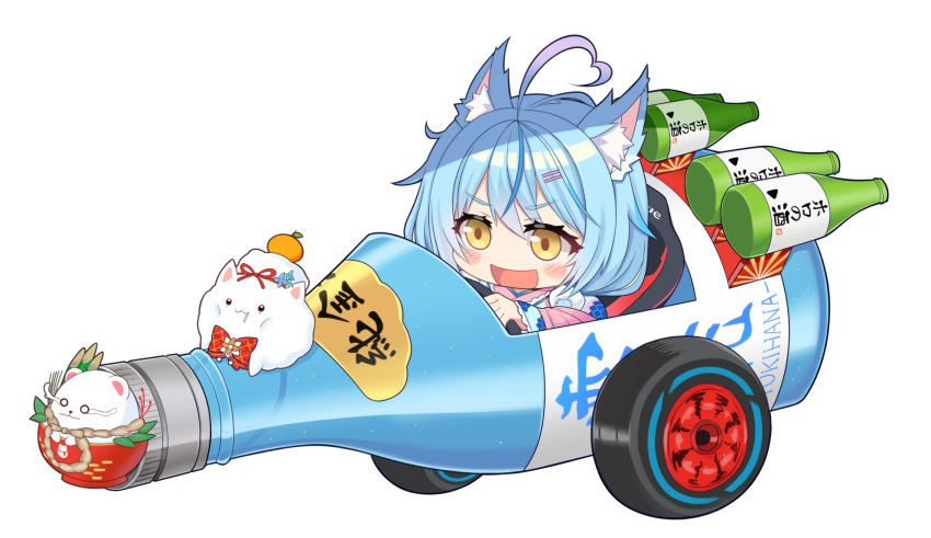 1girl, ahoge, aksk_(kuma_akasaka), animal_ear_fluff, animal_ears, blue_hair, bottle, chibi