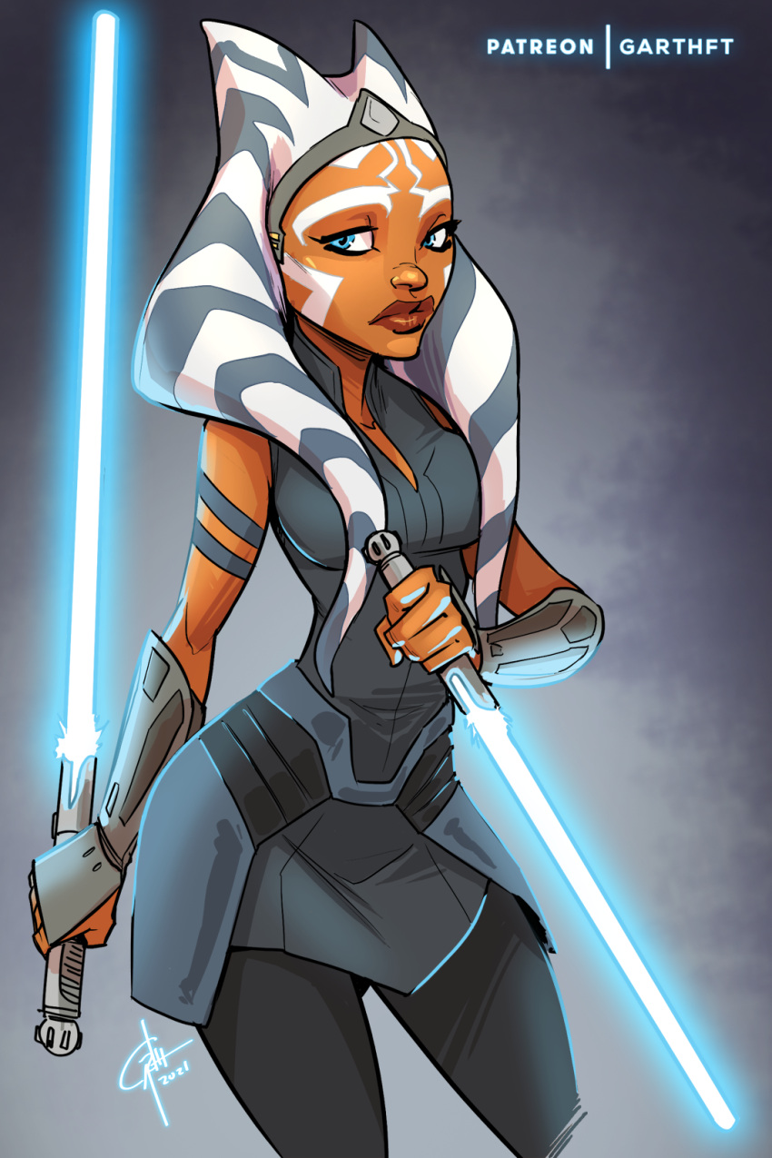 1girl, ahsoka_tano, alien, armlet, armor, armored_dress, bad_source, black_leggings